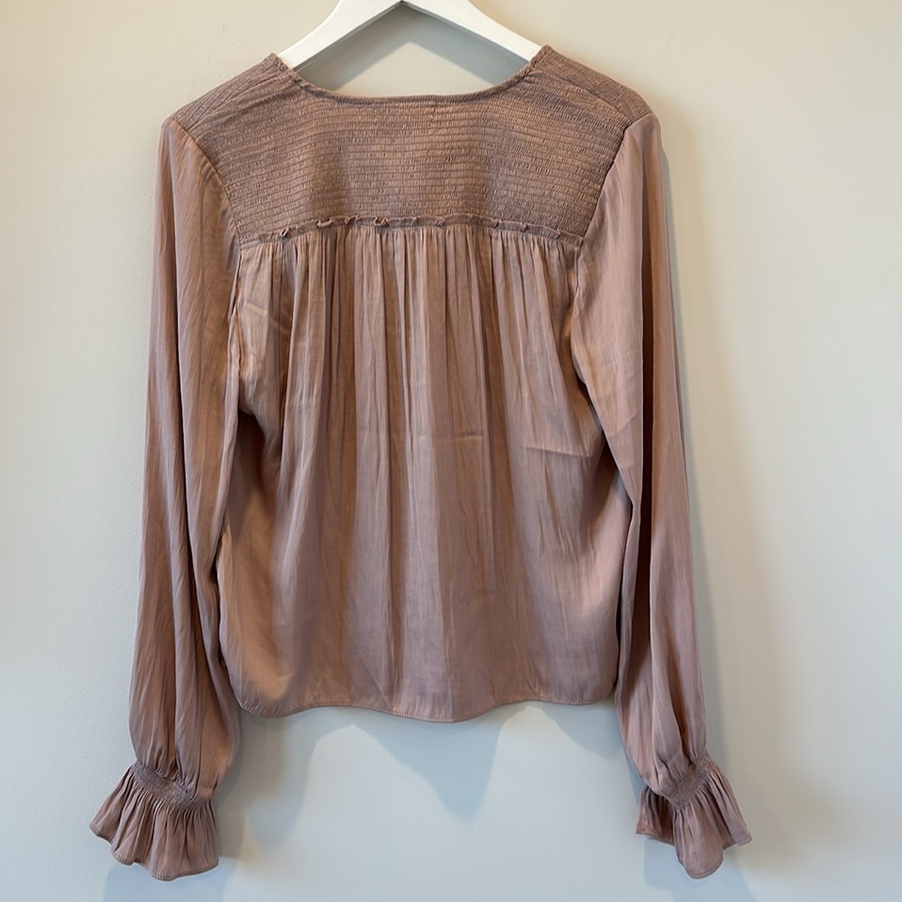 Women’s Smocked Long Sleeve Pink Blouse Ruffle Casual V Neck Date Career Office - Picture 8 of 8